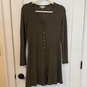 American Eagle Outfitters Ribbed Button-Down Dress in Olive Green